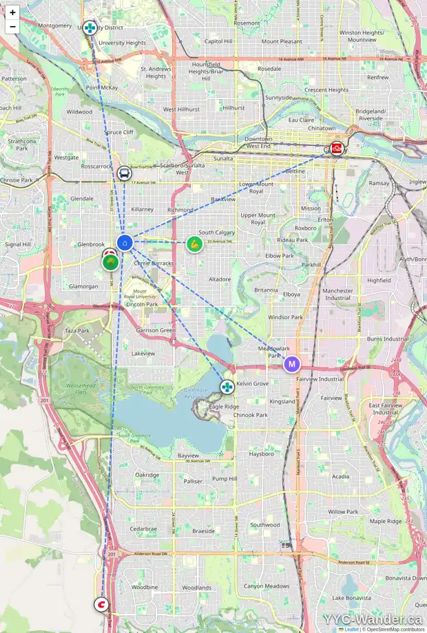 Daily accessibility map for 3440 RICHMOND RD SW, Calgary showing nearby schools, grocery stores, parks, LRT stations and nearby amenities