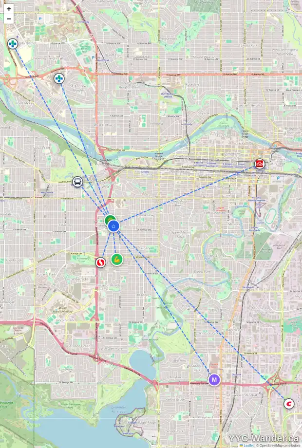 Daily accessibility map for 2328 RICHMOND RD SW, Calgary showing nearby schools, grocery stores, parks, LRT stations and nearby amenities