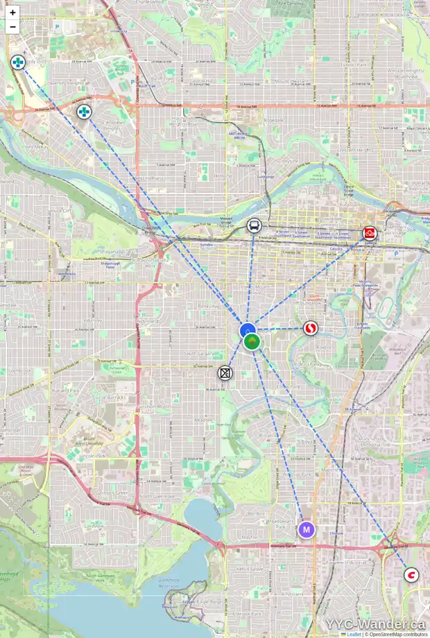 Daily accessibility map for 1204 FRONTENAC AV SW, Calgary showing nearby schools, grocery stores, parks, LRT stations and nearby amenities