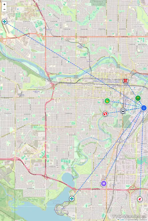 Daily accessibility map for 802 23 AV SE, Calgary showing nearby schools, grocery stores, parks, LRT stations and nearby amenities