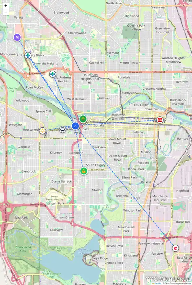 Daily accessibility map for 2423 SOVEREIGN CR SW, Calgary showing nearby schools, grocery stores, parks, LRT stations and nearby amenities