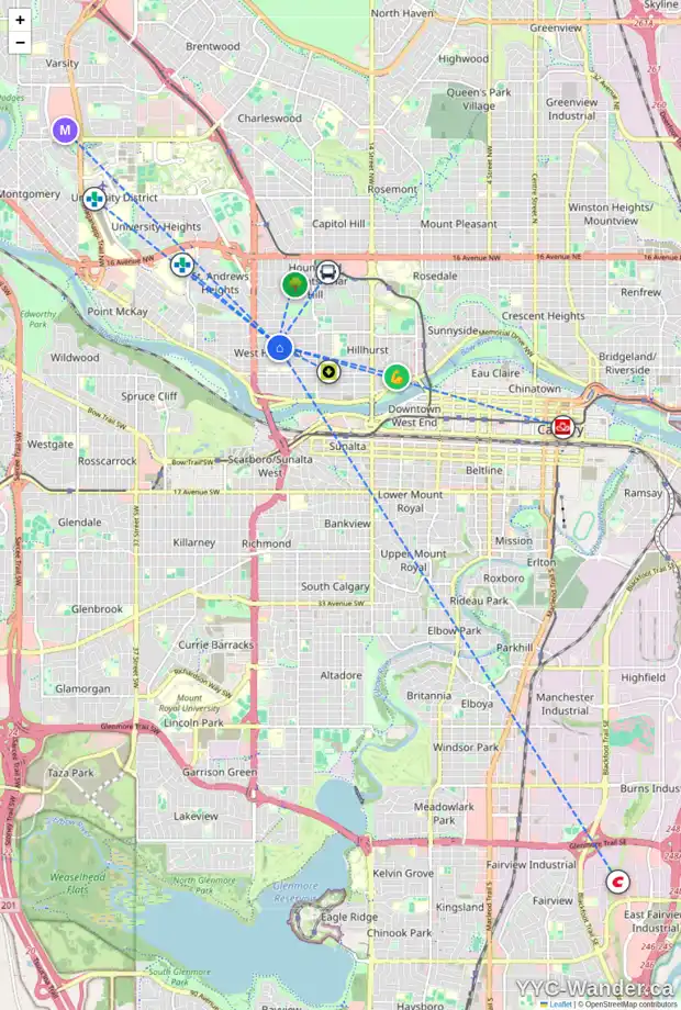 Daily accessibility map for 2303 4 AV NW, Calgary showing nearby schools, grocery stores, parks, LRT stations and nearby amenities