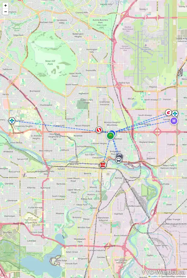 Daily accessibility map for 640 15 AV NE, Calgary showing nearby schools, grocery stores, parks, LRT stations and nearby amenities