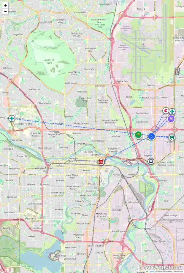 Daily accessibility map for 1036 MOTHERWELL RD NE, Calgary showing nearby schools, grocery stores, parks, LRT stations and nearby amenities