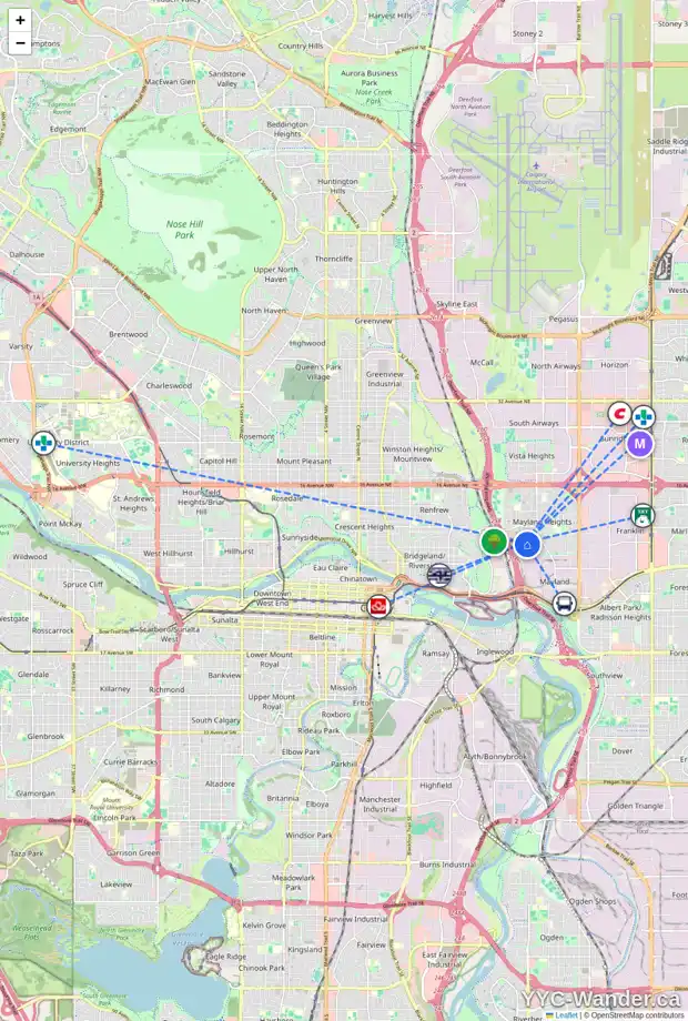 Daily accessibility map for 615 MARIPOSA PL NE, Calgary showing nearby schools, grocery stores, parks, LRT stations and nearby amenities