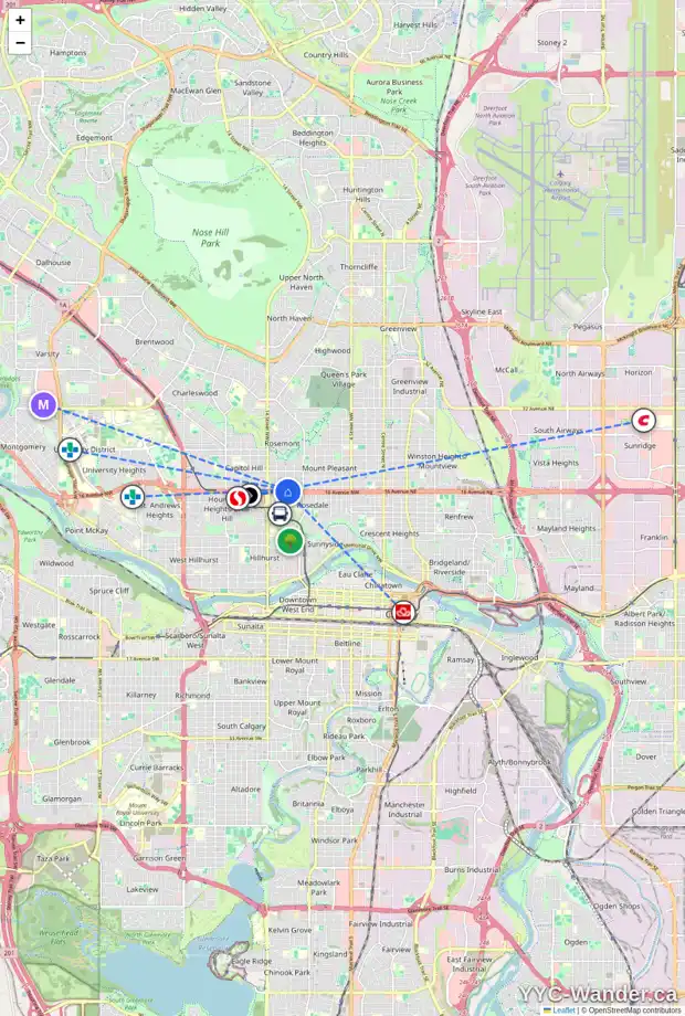 Daily accessibility map for 1240 16 AV NW, Calgary showing nearby schools, grocery stores, parks, LRT stations and nearby amenities