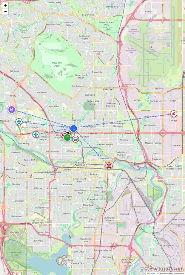 Daily accessibility map for 1427 20 AV NW, Calgary showing nearby schools, grocery stores, parks, LRT stations and nearby amenities