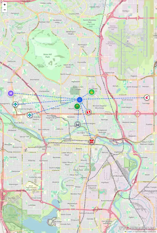 Daily accessibility map for 510 28 AV NW, Calgary showing nearby schools, grocery stores, parks, LRT stations and nearby amenities