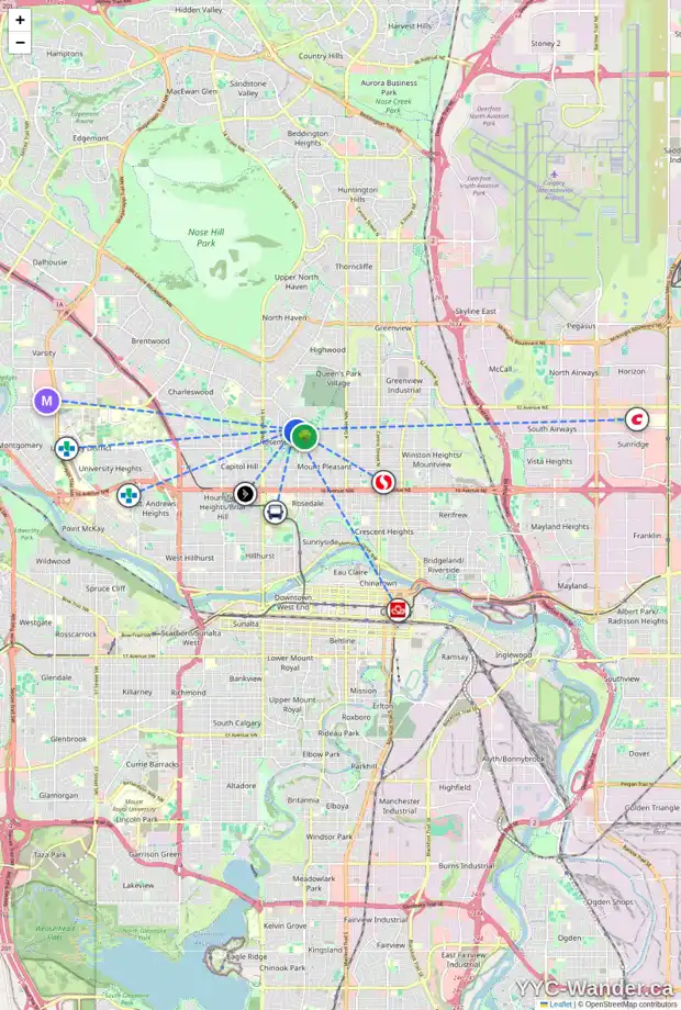 Daily accessibility map for 21 ROSERY DR NW, Calgary showing nearby schools, grocery stores, parks, LRT stations and nearby amenities