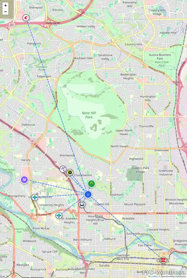 Daily accessibility map for 2219 26 AV NW, Calgary showing nearby schools, grocery stores, parks, LRT stations and nearby amenities
