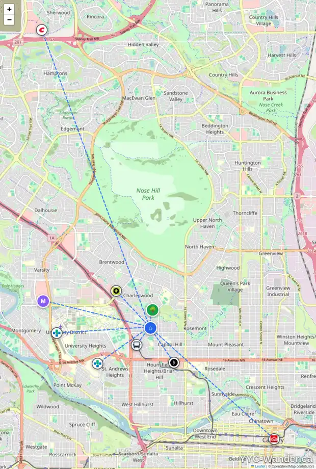 Daily accessibility map for 2616 EXSHAW RD NW, Calgary showing nearby schools, grocery stores, parks, LRT stations and nearby amenities