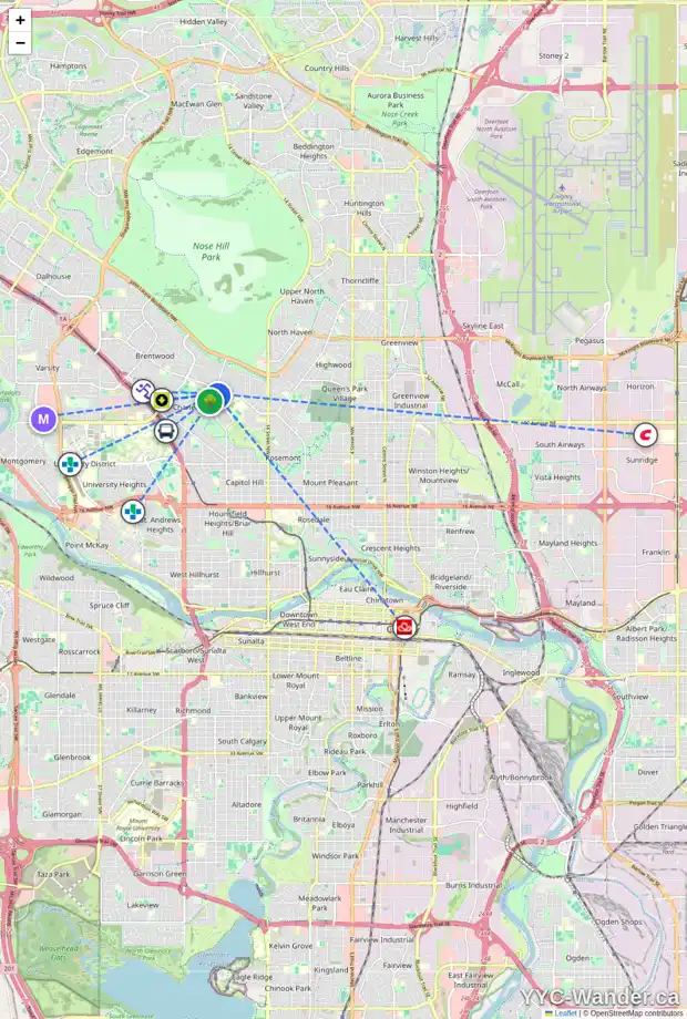 Daily accessibility map for 3816 19 ST NW, Calgary showing nearby schools, grocery stores, parks, LRT stations and nearby amenities
