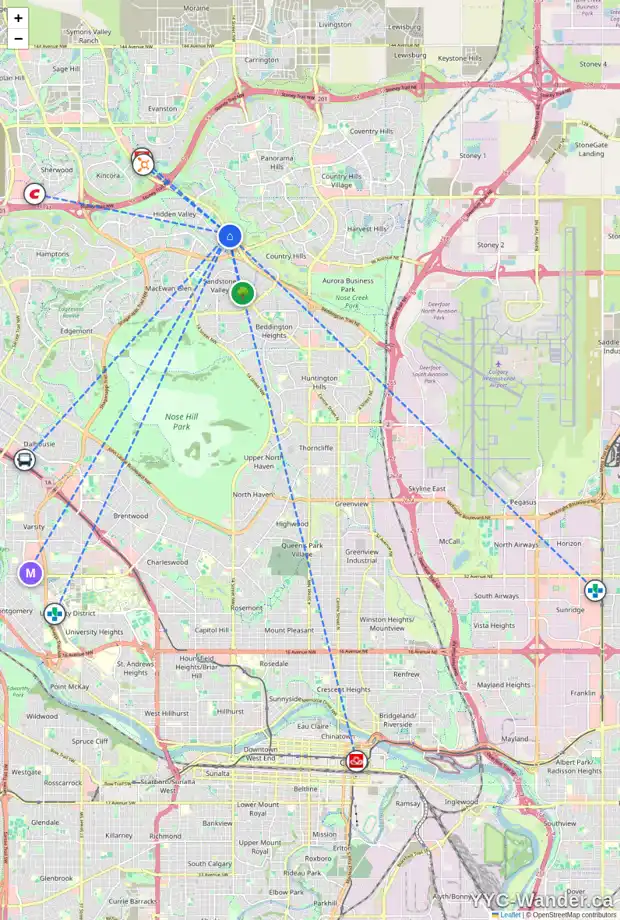 Daily accessibility map for 59 HIDDEN VALLEY GR NW, Calgary showing nearby schools, grocery stores, parks, LRT stations and nearby amenities