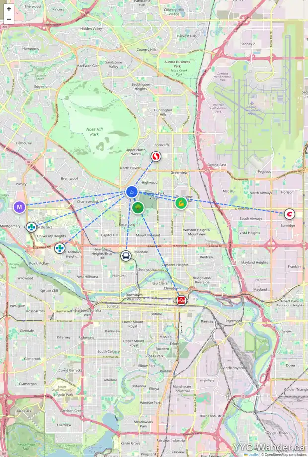 Daily accessibility map for 82 COLERIDGE RD NW, Calgary showing nearby schools, grocery stores, parks, LRT stations and nearby amenities