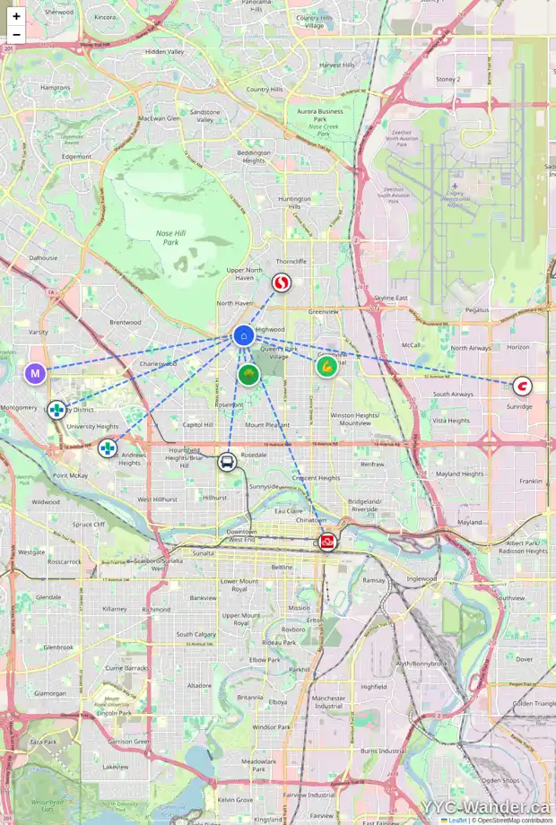 Daily accessibility map for 10 HOLLY ST NW, Calgary showing nearby schools, grocery stores, parks, LRT stations and nearby amenities