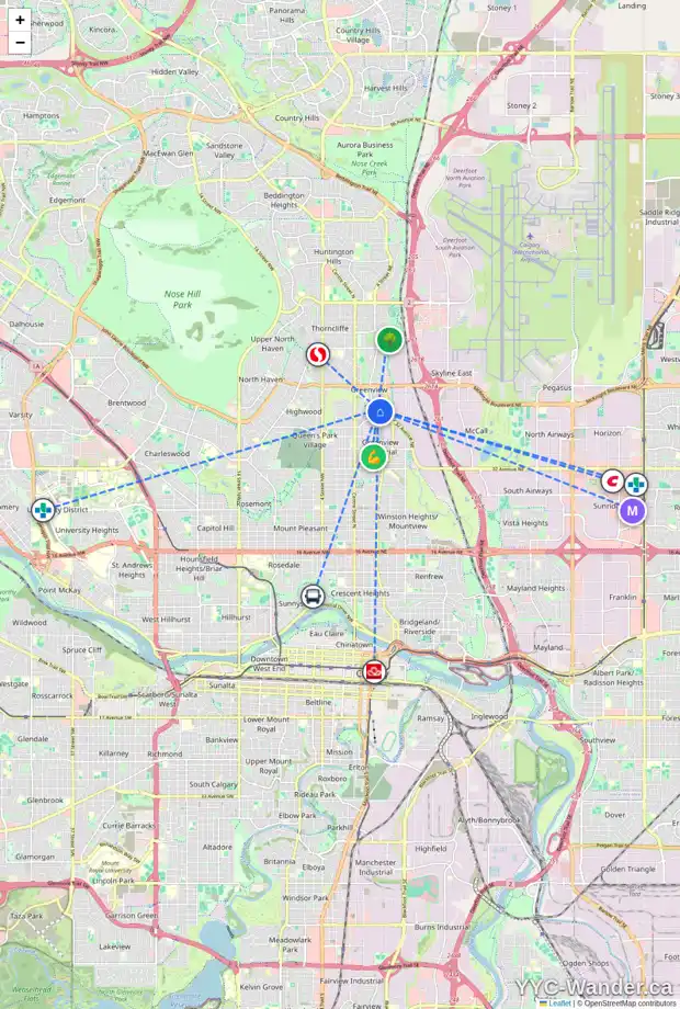 Daily accessibility map for 4432 GREENVIEW PL NE, Calgary showing nearby schools, grocery stores, parks, LRT stations and nearby amenities