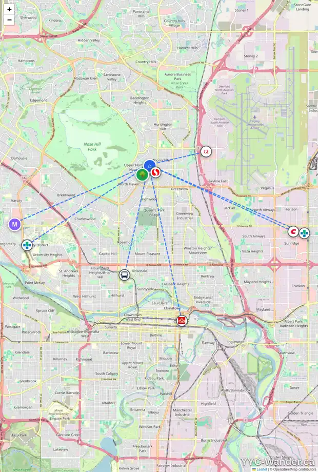 Daily accessibility map for 911 THORNEYCROFT DR NW, Calgary showing nearby schools, grocery stores, parks, LRT stations and nearby amenities