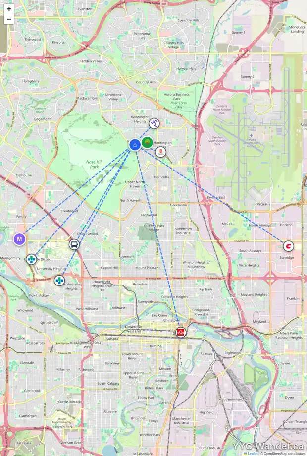 Daily accessibility map for 1215 HUNTERBURN CR NW, Calgary showing nearby schools, grocery stores, parks, LRT stations and nearby amenities