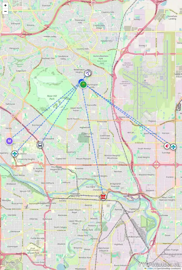 Daily accessibility map for 7819 HUNTERSLEA CR NW, Calgary showing nearby schools, grocery stores, parks, LRT stations and nearby amenities