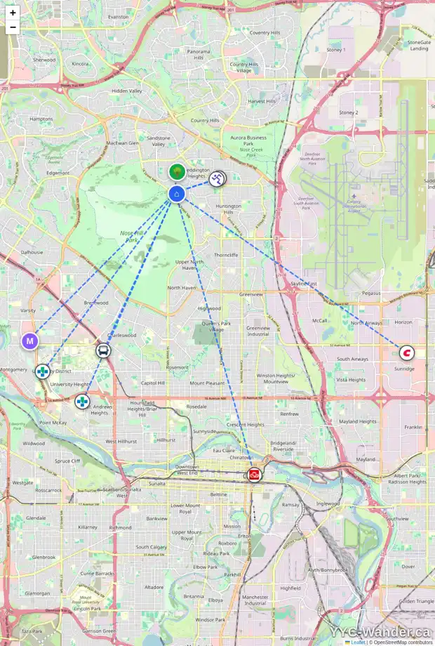 Daily accessibility map for 312 HUNTERBROOK PL NW, Calgary showing nearby schools, grocery stores, parks, LRT stations and nearby amenities