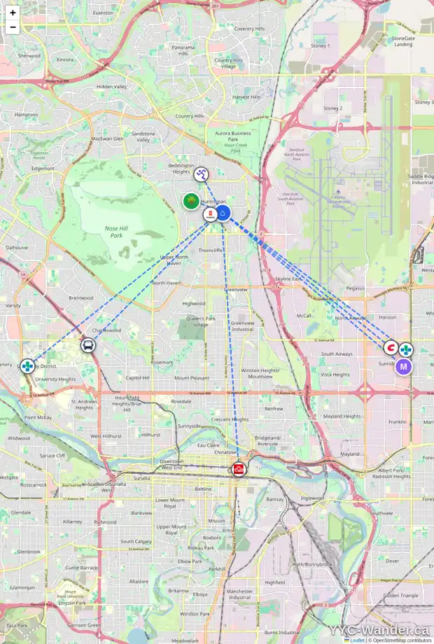 Daily accessibility map for 244 HUNTFORD WY NE, Calgary showing nearby schools, grocery stores, parks, LRT stations and nearby amenities