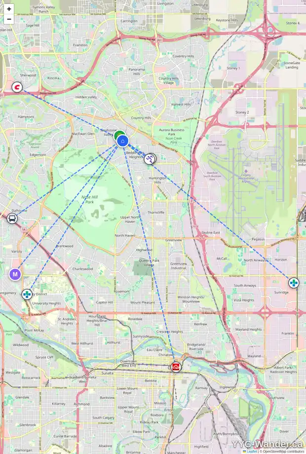 Daily accessibility map for 51 SANDSTONE DR NW, Calgary showing nearby schools, grocery stores, parks, LRT stations and nearby amenities