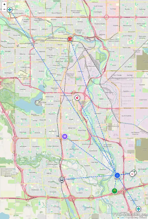 Daily accessibility map for 207 MT MCKENZIE GD SE, Calgary showing nearby schools, grocery stores, parks, LRT stations and nearby amenities