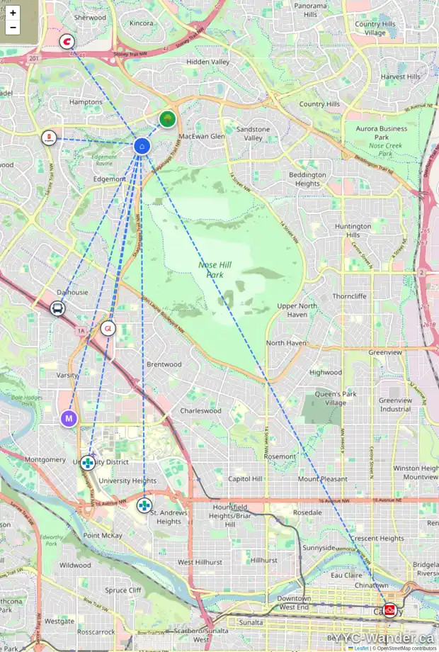 Daily accessibility map for 9010 EDGEBROOK DR NW, Calgary showing nearby schools, grocery stores, parks, LRT stations and nearby amenities