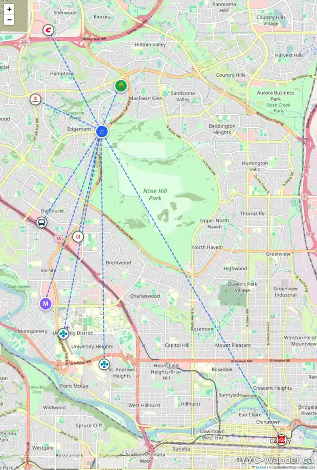 Daily accessibility map for 44 EDGEBROOK RD NW, Calgary showing nearby schools, grocery stores, parks, LRT stations and nearby amenities