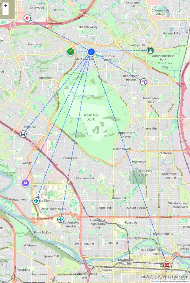 Daily accessibility map for 651 MACEWAN DR NW, Calgary showing nearby schools, grocery stores, parks, LRT stations and nearby amenities