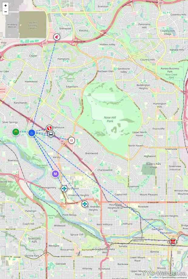 Daily accessibility map for 655 VARSITY ESTATES CR NW, Calgary showing nearby schools, grocery stores, parks, LRT stations and nearby amenities