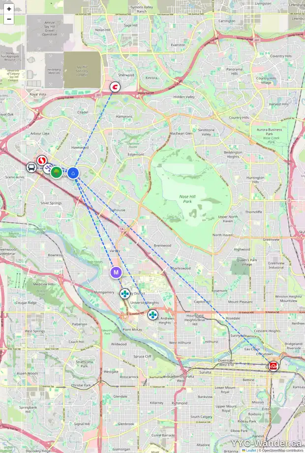 Daily accessibility map for 55 RANCHRIDGE RD NW, Calgary showing nearby schools, grocery stores, parks, LRT stations and nearby amenities