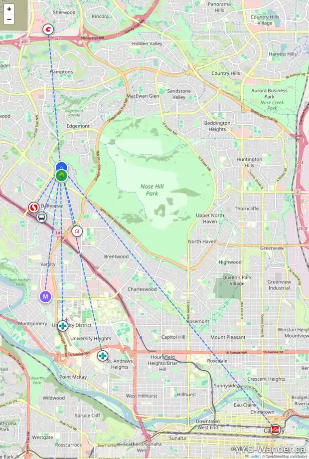 Daily accessibility map for 7048 EDGEMONT DR NW, Calgary showing nearby schools, grocery stores, parks, LRT stations and nearby amenities