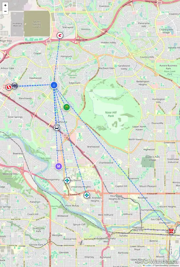Daily accessibility map for 67 HAWKHILL WY NW, Calgary showing nearby schools, grocery stores, parks, LRT stations and nearby amenities