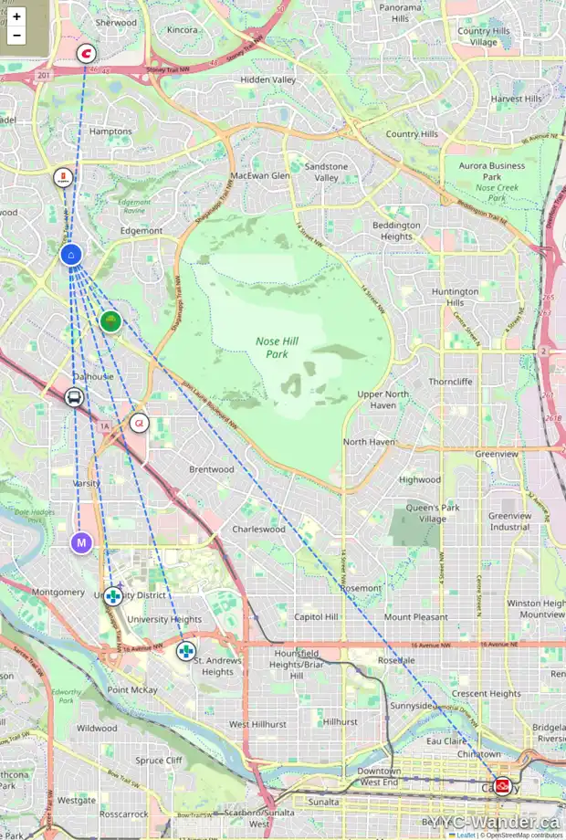 Daily accessibility map for 103 EDGELAND RD NW, Calgary showing nearby schools, grocery stores, parks, LRT stations and nearby amenities