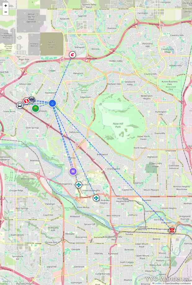 Daily accessibility map for 3 HAWKSLEY CR NW, Calgary showing nearby schools, grocery stores, parks, LRT stations and nearby amenities