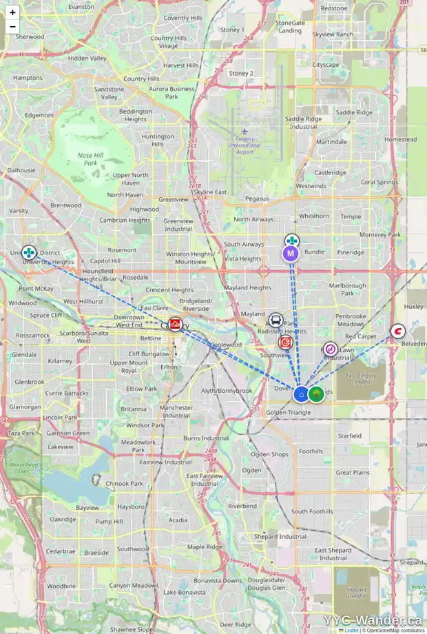 Daily accessibility map for 30 ERIN WOODS BV SE, Calgary showing nearby schools, grocery stores, parks, LRT stations and nearby amenities