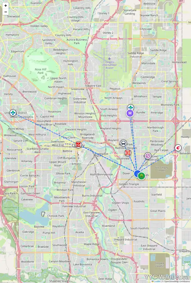 Daily accessibility map for 64 ERIN MOUNT CR SE, Calgary showing nearby schools, grocery stores, parks, LRT stations and nearby amenities