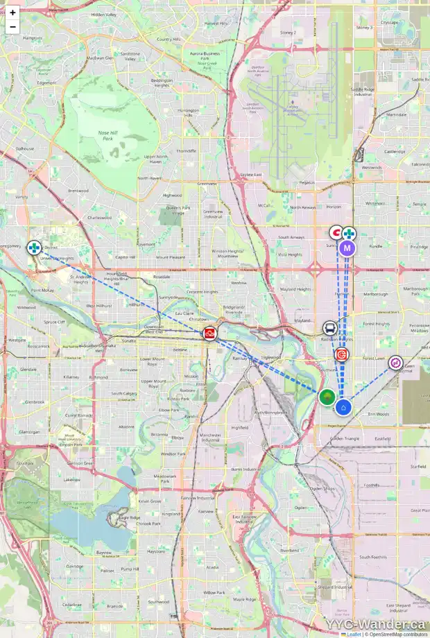 Daily accessibility map for 3423 35 AV SE, Calgary showing nearby schools, grocery stores, parks, LRT stations and nearby amenities