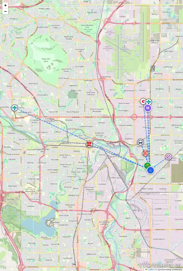 Daily accessibility map for 3474 30A AV SE, Calgary showing nearby schools, grocery stores, parks, LRT stations and nearby amenities