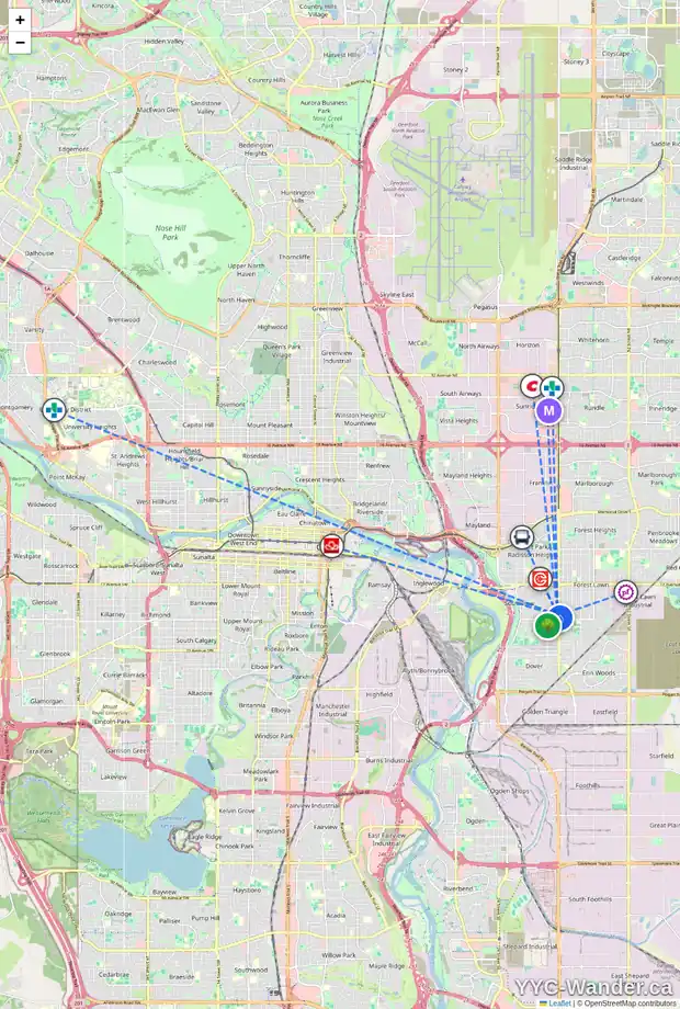 Daily accessibility map for 2517 36 ST SE, Calgary showing nearby schools, grocery stores, parks, LRT stations and nearby amenities