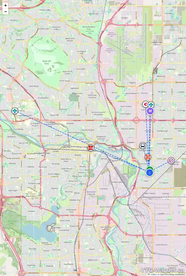Daily accessibility map for 3043 32A ST SE, Calgary showing nearby schools, grocery stores, parks, LRT stations and nearby amenities