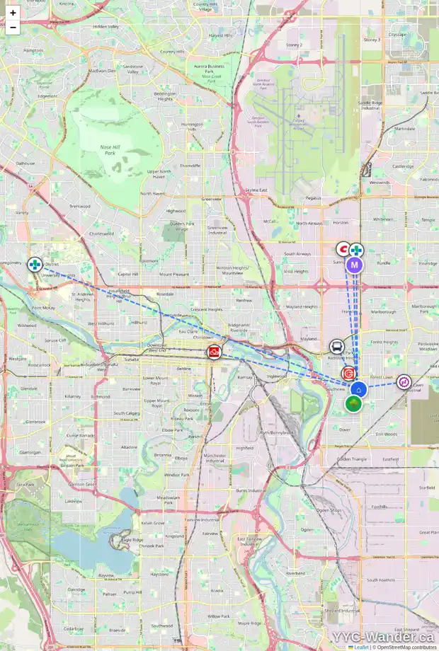 Daily accessibility map for 2211 35 ST SE, Calgary showing nearby schools, grocery stores, parks, LRT stations and nearby amenities