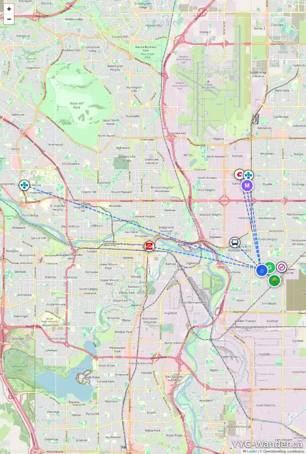 Daily accessibility map for 2031 41 ST SE, Calgary showing nearby schools, grocery stores, parks, LRT stations and nearby amenities