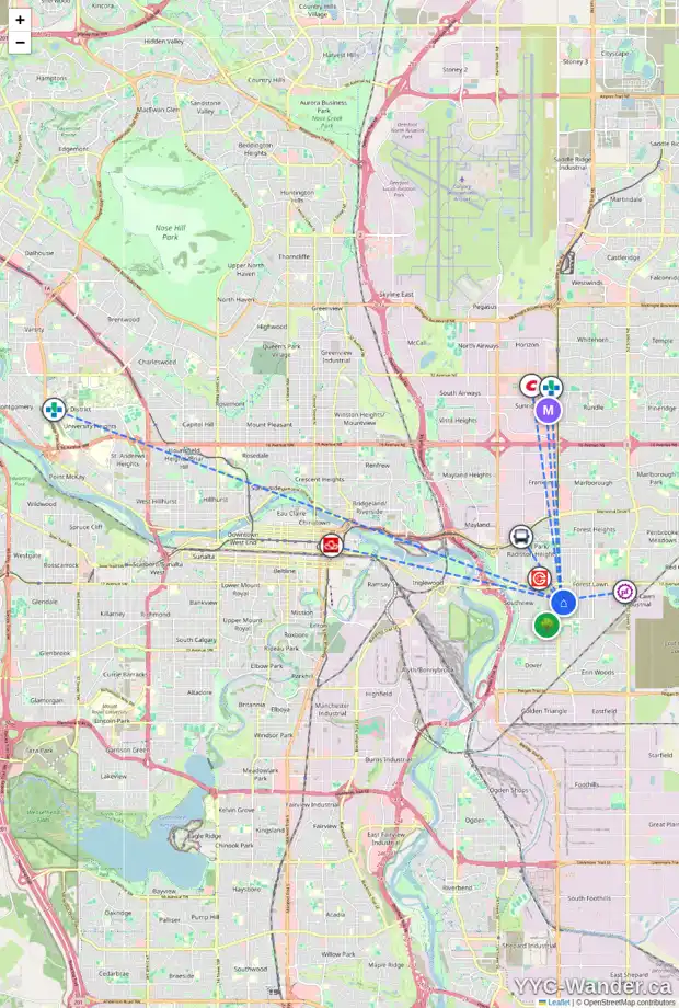 Daily accessibility map for 2211 37 ST SE, Calgary showing nearby schools, grocery stores, parks, LRT stations and nearby amenities