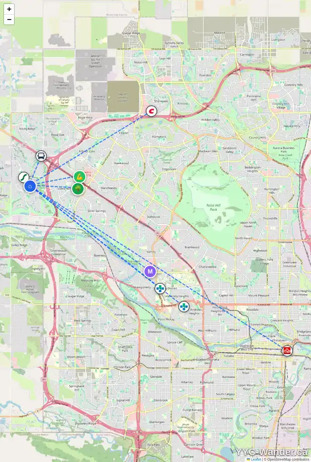 Daily accessibility map for 105 TUSCANY WY NW, Calgary showing nearby schools, grocery stores, parks, LRT stations and nearby amenities