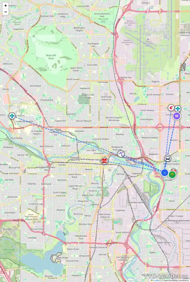 Daily accessibility map for 2706 16 AV SE, Calgary showing nearby schools, grocery stores, parks, LRT stations and nearby amenities