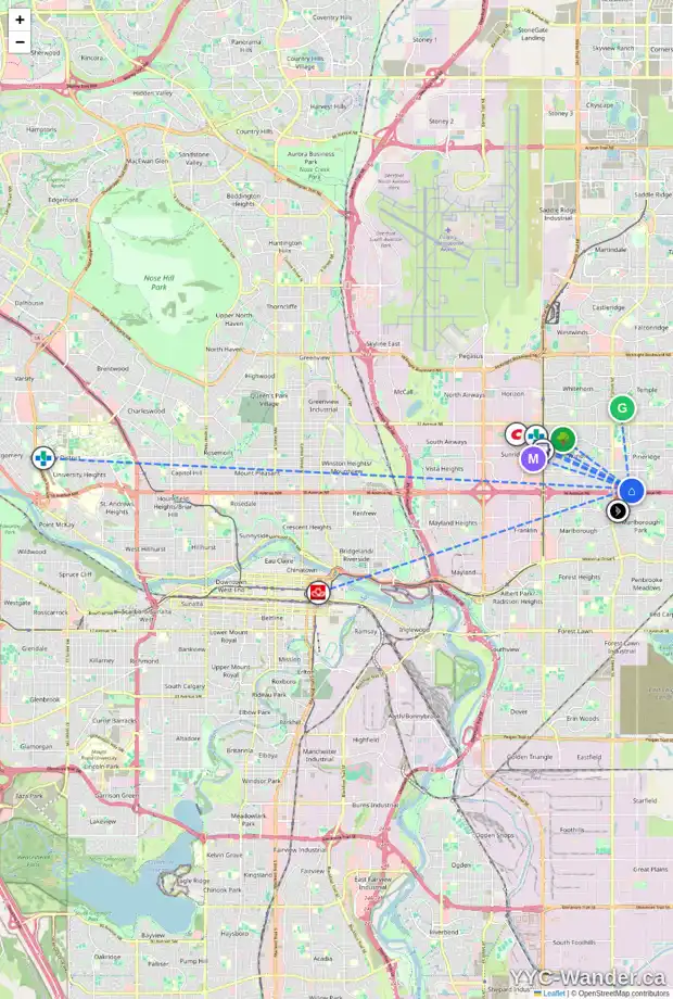 Daily accessibility map for 224 PINEGREEN BA NE, Calgary showing nearby schools, grocery stores, parks, LRT stations and nearby amenities
