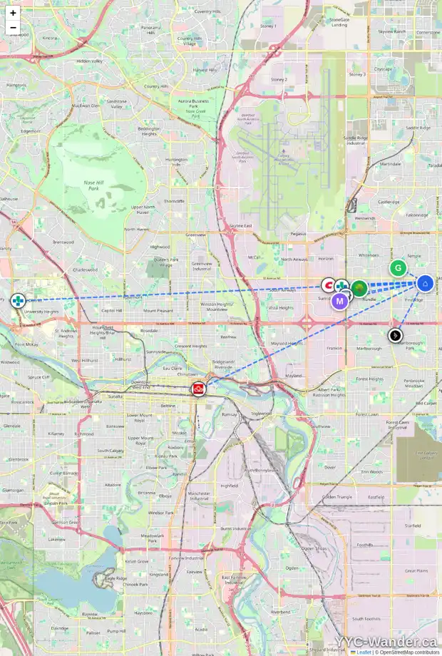 Daily accessibility map for 238 PINEMEADOW RD NE, Calgary showing nearby schools, grocery stores, parks, LRT stations and nearby amenities