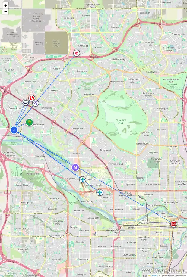 Daily accessibility map for 78 SCIMITAR VW NW, Calgary showing nearby schools, grocery stores, parks, LRT stations and nearby amenities